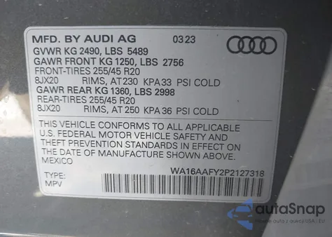 2023 Audi Q5 Sportback Prestige 45 Tfsi S Line Quattro S Tronic из США, поврежденный, VIN WA16AAFY2P2127318